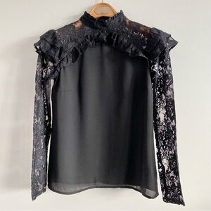 Belle Sky Black Ruffle Lace Long Sleeve Top Size XS